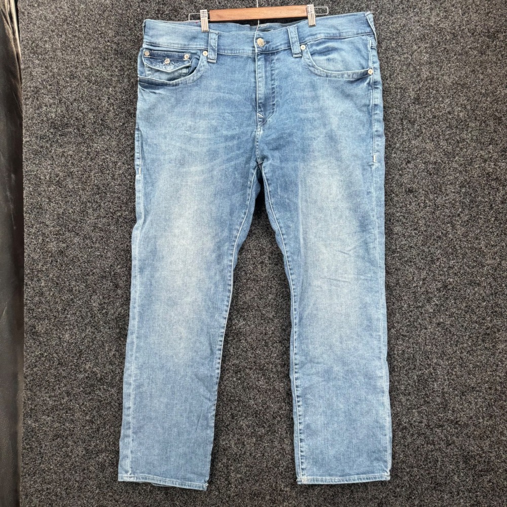 True Religion Ricky Relaxed Straight Jeans Mens 42 Light Wash Denim Flap Pocket